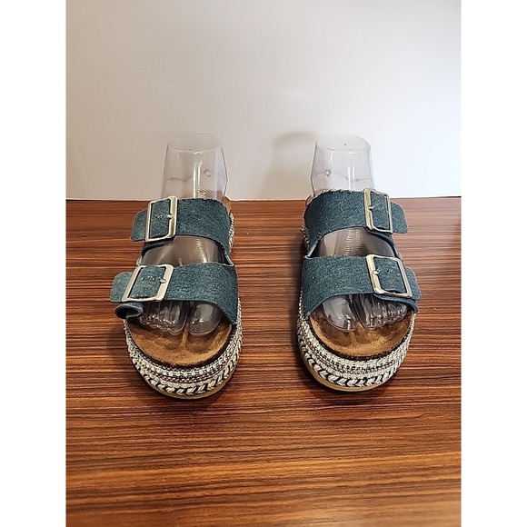 BAMBOO Shoes - Bamboo Chunky Cork Platform Blue Denim Fringe Studded Slide Sandals, Size 7